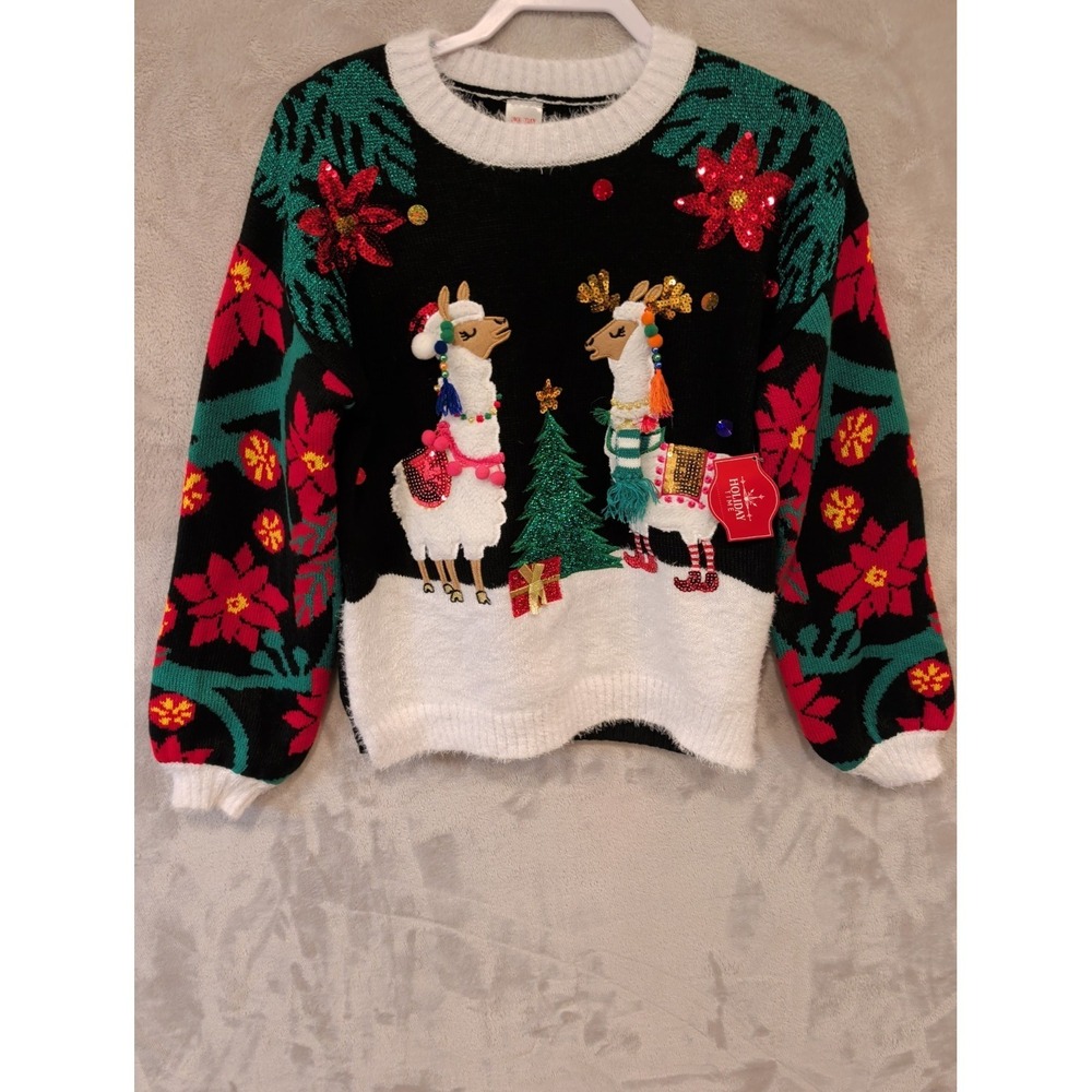 Holiday Time Llama Christmas Sweater‎ M 8-10 Black 3D Sequin Ugly Festive